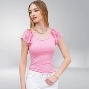Pink Lace Sleeve Fitted Top